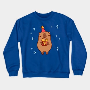 Capybara with a gift and a party hat Crewneck Sweatshirt